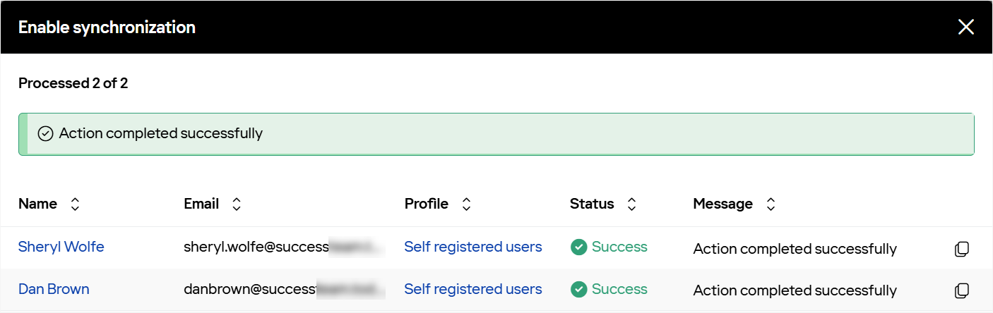 Mass enable synchronization action result notification